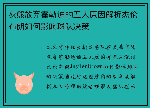 灰熊放弃霍勒迪的五大原因解析杰伦布朗如何影响球队决策 灰熊放弃霍勒迪的五大原因解析杰伦布朗如何影响球队决策